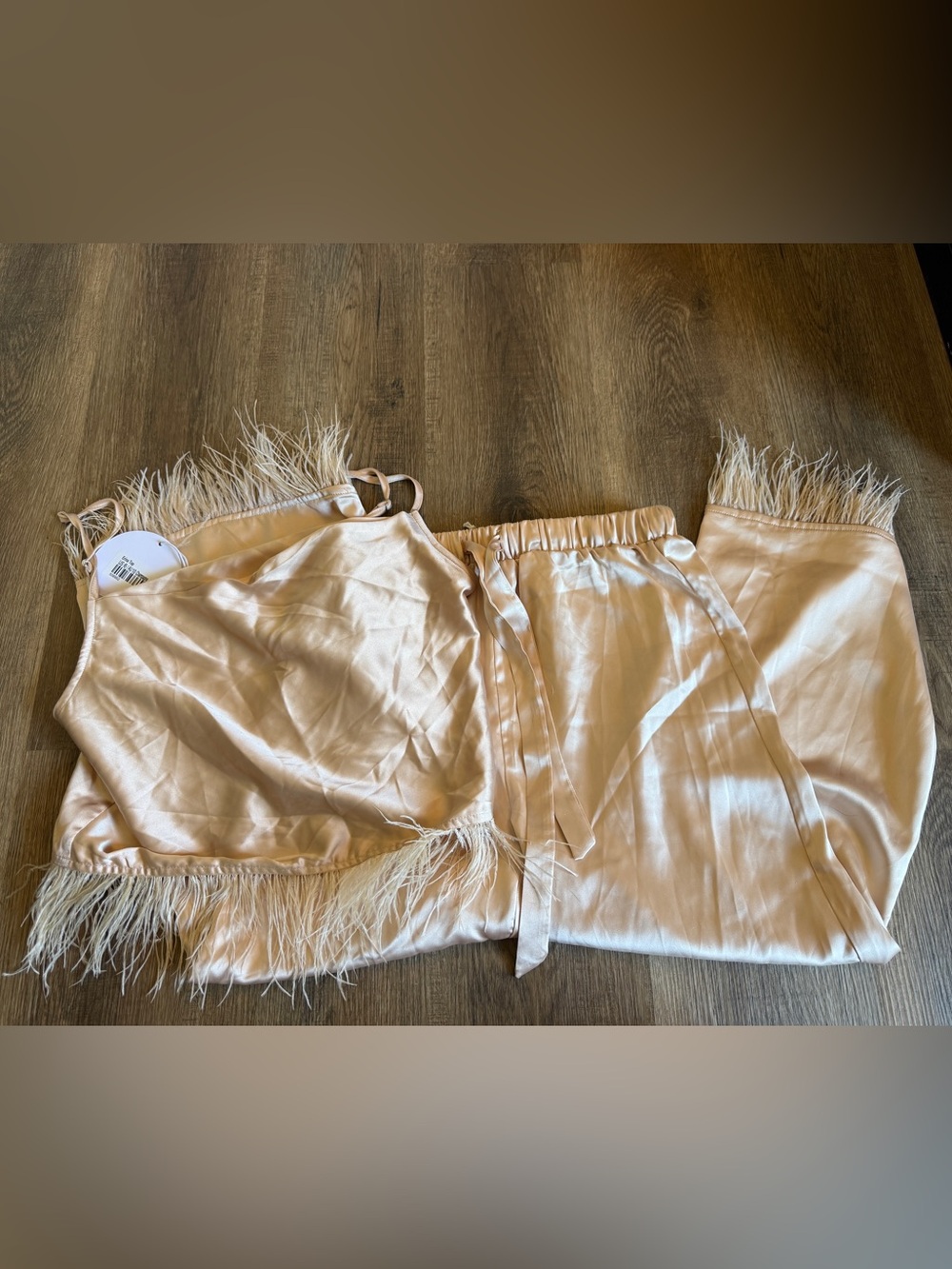 Princess Polly Champagne Satin Set with Feather Trim